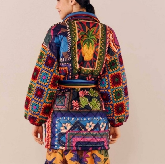 Farm Rio Patchwork Tapestry Crochet Puffer Jacket M - Picture 3 of 16